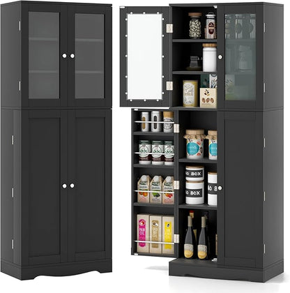 Giantex Pantry Organizers and Storage, 63.5” Tall Kitchen Cabinet, Food Buffet Cupboard with Glass Doors, Shelves with Baffle, Wooden Freestanding Sideboard for Dining Room Living Room (Black)