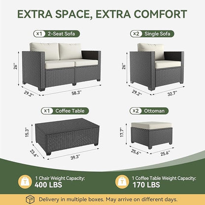 Aoxun 7 Piece Outdoor Patio Furniture Set 6 Seats, Outdoor Sectional with Thick Waterproof Cushions, Patio Conversation Sets for Garden,Backyard, Porch, Balcony, Deck, Black & Beige