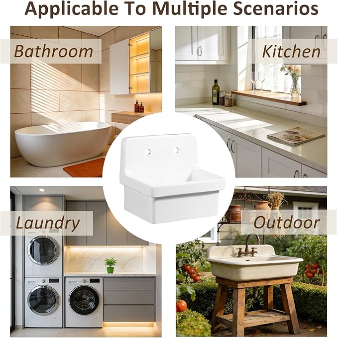 21 Inch Wall Mount Utility Sink, High Back Farmhouse Sink, White Ceramic Bathroom Sink Above Counter, Floating Porcelain Laundry Tub for Kitchen, Bathroom, Garage (21.3" x 16.2")