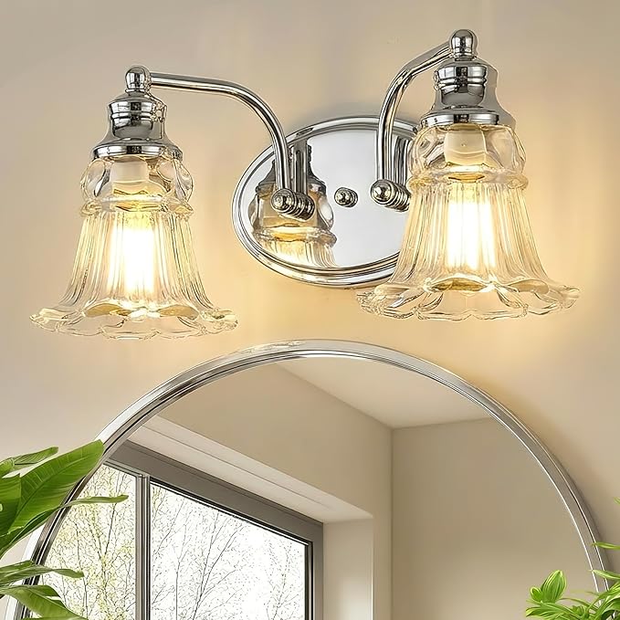 2-Light Bathroom Light Fixtures Over Mirror, Vintage Vanity Lights with Clear Floral Glass Shades, Chrome
