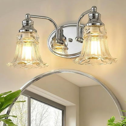 2-Light Bathroom Light Fixtures Over Mirror, Vintage Vanity Lights with Clear Floral Glass Shades, Chrome