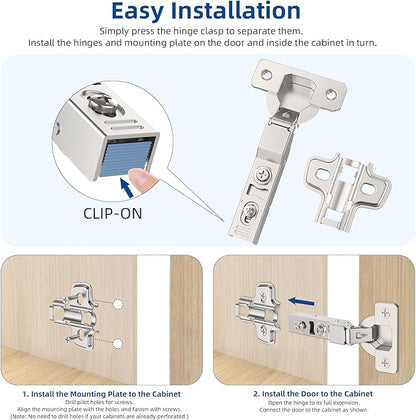 Chibery 20 Pack Half Overlay Soft Close Concealed Frameless Cabinet Hinges, Satin Nickel, 105°, Stop at Will 45-105 Degree, Self Closing, 3D Adjustment, Clip On, Stainless Steel for Cupboard Kitchen