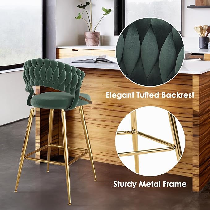 25.2" Velvet Counter Stool with Gold Accents, Ergonomic Plush Seat for Kitchen Island Bar
