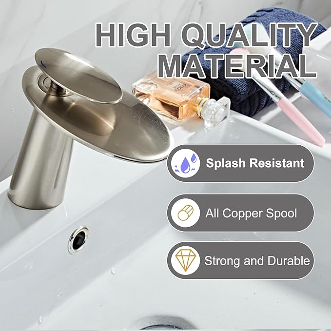 Wovier Brushed Nickel Waterfall Bathroom Sink Faucet,Single Handle Single Hole Brass Lavatory Vanity Faucet,Slanted Body Basin Mixer Tap with Supply Hose and Pop Up Drain Assembly