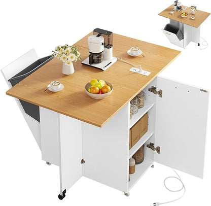 YITAHOME Folding Kitchen Table with Power Outlet, Drop Leaf Kitchen Table Islands for 2 on Wheels, Convertible Trash Can Storage Cabinet for 10 Gallon Garbage Bin, Adjustable Storage Racks, Wihte Oak