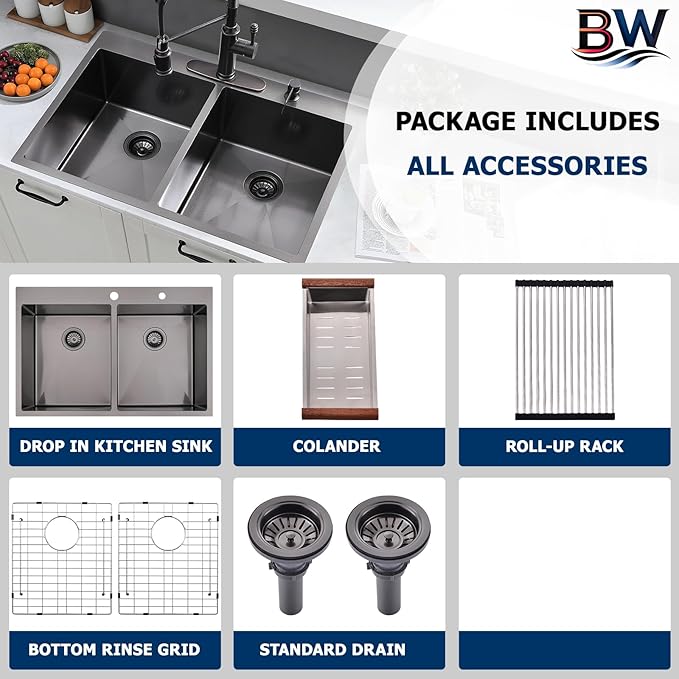 33x22 Inch Black Double Bowl Kitchen Sink Drop In - 16 Gauge Stainless Steel 50/50 Split, Top Mount Drop In Kitchen Sink Double Bowl