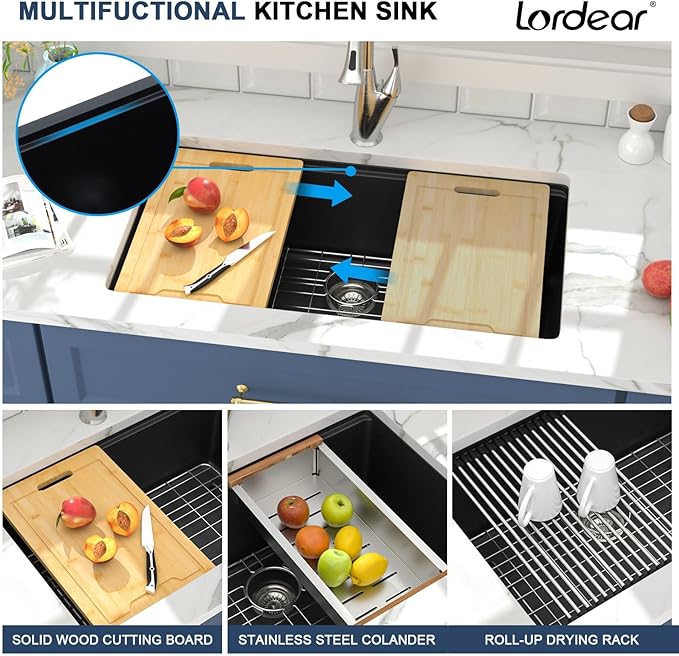 Lordear 33 Black Kitchen Sink Granite Composite Undermount Sink 33x19 Inch Quartz Composite Black Deep Single Bowl Workstation Undermount Kitchen Sinks