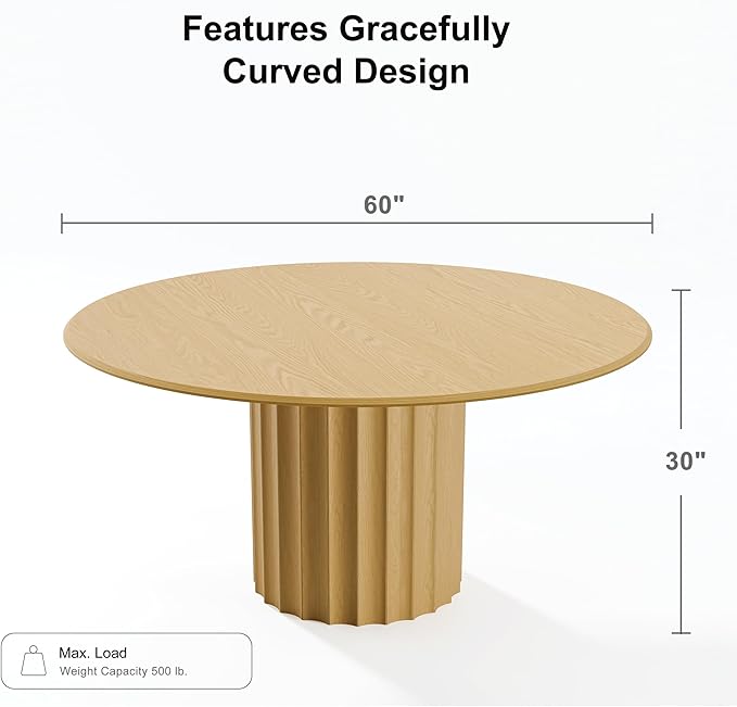 Casaphoria 60" Round Dining Table, Modern Wood Kitchen Table with Cylindrical Wide Bar Concave Base for Living Room & Dining Room, Easy Assembly Farmhouse Furniture for 4-6, Oak