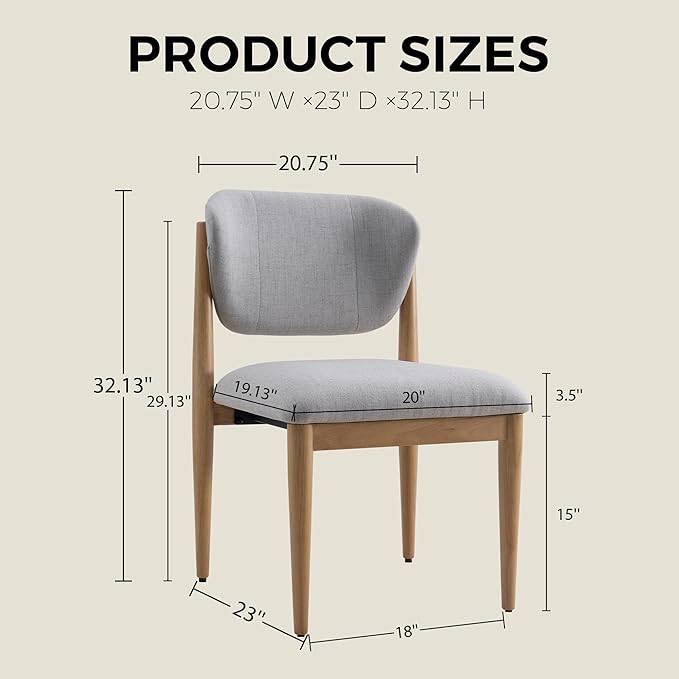 Casaphoria Dining Chairs Set of 2, Solid Oak Wood Legs Upholstered Kitchen Chairs, Mid Century Modern Ergonomic Curved Back Accent Chair for Dining Room, Home Office and Vanity, Gray