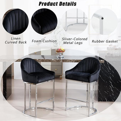 Bar Stools Set of 2, Simple Modern Style, with Velvet upholstered Back Sliver Metal Legs Footrest for Bar, Living Room, Side Chair of Kitchen Island (Black)