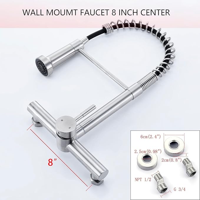 Wall Mount Kitchen Faucet with Pull Out Sprayer, 8 Inch Center Commercial Kitchen Sink Faucet, Spot-Free Stainless Steel, Easy Controlled Cold and Hot Water