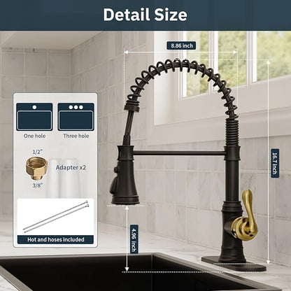 BWE Black and Gold Kitchen Faucet with Pull Down Sprayer Single Handle High Arc Spring Commercial 3 Functions Kitchen Sink Faucet Solid Brass with 10" Deck Plate for Sink 1 or 3 Holes
