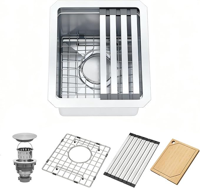 Undermount Bar Sink, 16 Gauges 304S Stainless Steel Workstation Sinks with Accessories, 13" x 15" x 10" Small Kitchen Sink for RV,Outdoor,Kitchen,Bathroom and Wetbar
