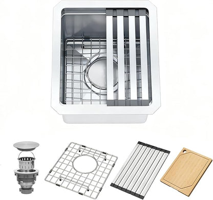 Undermount Bar Sink, 16 Gauges 304S Stainless Steel Workstation Sinks with Accessories, 13" x 15" x 10" Small Kitchen Sink for RV,Outdoor,Kitchen,Bathroom and Wetbar