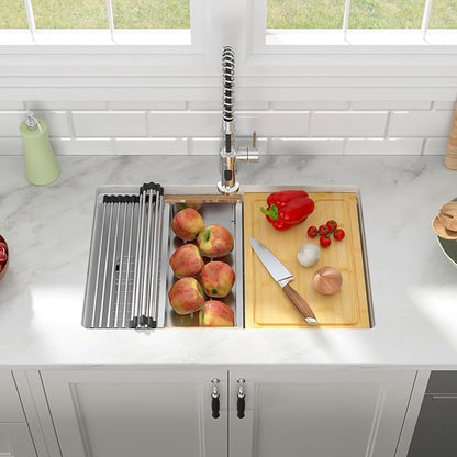 28x19 Inch Undermount Kitchen Sink, White Granite Composite Quartz, Single Bowl Deep Workstation Basin for Soaking Washing Drying Stacking Dishes