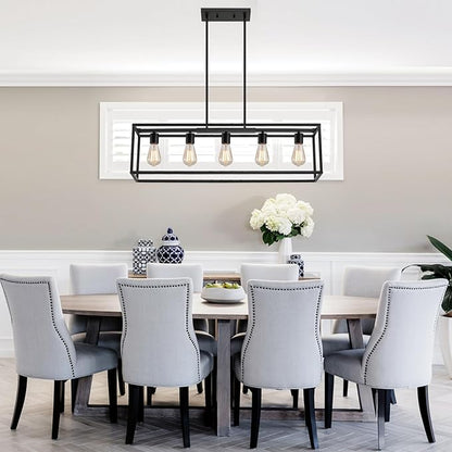 Yusist 5-Light Dining Room Light Fixture,Black Farmhouse Kitchen Island Lighting,Rustic Pendant Light Over Table with Adjustable Rods,Modern Linear Chandeliers for Dining Room Kitchen Island