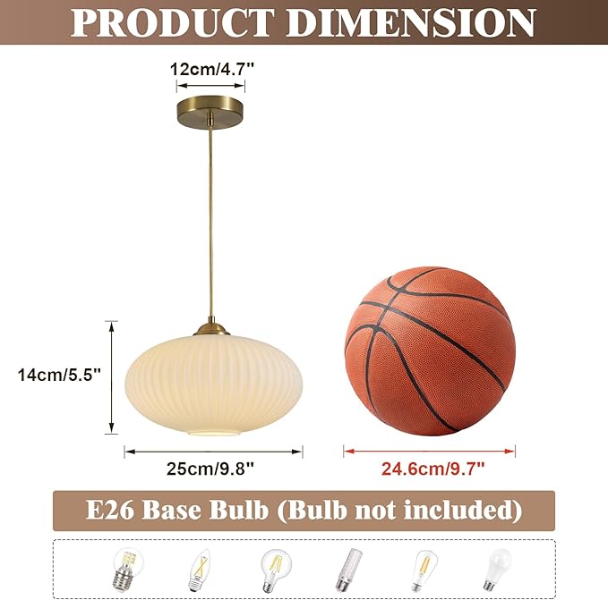 KCO Lighting White Ribbed Glass Ceiling Light Modern Antique Brass Pendant Light Gold Globe Pendant Light Fixture Mid Century Kitchen Island Pendant Lighting (2 Pack)