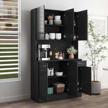71" Tall Kitchen Pantry Cabinet,Sideboard Buffet Cabinet with 6 Doors and Shelves,Kitchen Island with Microwave Stand,Kitchen Hutch Storage Cabinet with 1 Drawer for Kitchen,Kitchen Cabinet (Black)
