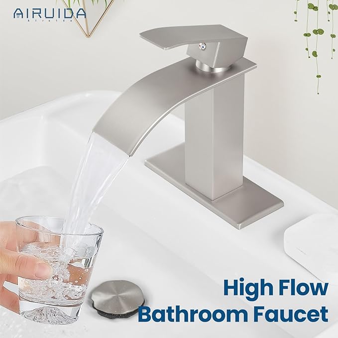 Airuida Waterfall Bathroom Faucet Brushed Nickel Single Handle Single Hole Bathroom Sink Faucet 1 or 3 Hole Basin Mixer Tap, Rv Lavatory Vanity Faucet with Deck Plate and Supply Lines