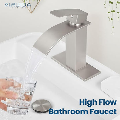 Airuida Waterfall Bathroom Faucet Brushed Nickel Single Handle Single Hole Bathroom Sink Faucet 1 or 3 Hole Basin Mixer Tap, Rv Lavatory Vanity Faucet with Deck Plate and Supply Lines