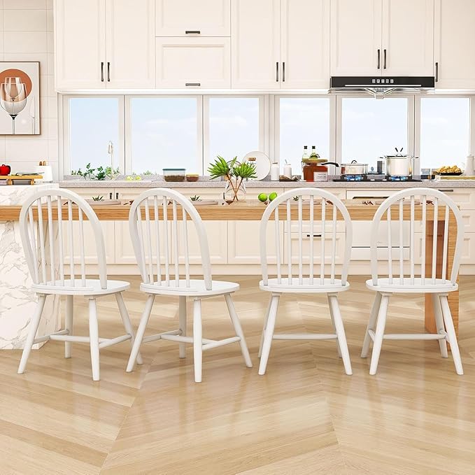 SIMOE White Windsor Dining Chairs Set of 4, Spindle Back Wood Kitchen Chairs with Solid Wood Legs, Mid-Century Modern Side Dining Chair for Living Dining Room, Restaurant