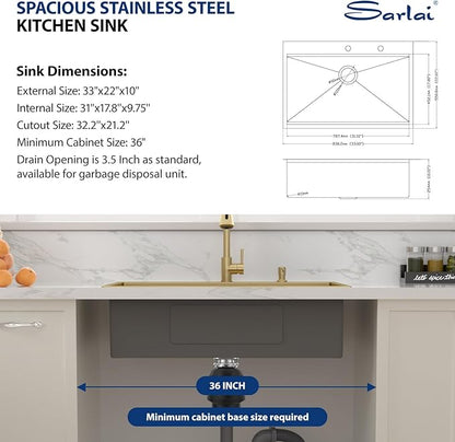 Sarlai 33 Gold Kitchen Sink with Faucet- 33x22 Inch Drop In Kitchen Sink Single Bowl Topmount Gold Ledge Workstation Sinks 16 Gauge Stainless Steel Sinks with Pull-out Faucet