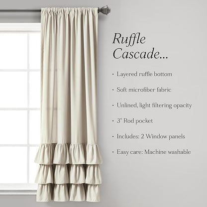 Lush Decor Allison Ruffle Light Filtering Window Curtain Panels Pair 40" W x 63" L Neutral - Coquette Curtains for Bedroom - Drapes - Ruffle Curtains Kids