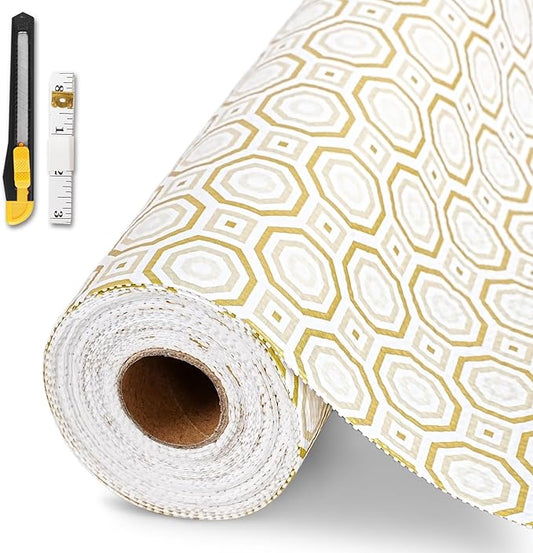 Drawer and Shelf Liner for Kitchen Cabinet,Non-Adhesive Cabinet Liner 12in x 30FT,Waterproof Shelf Paper Non-Slip Mats Cupboard Liners Contact Protect Dresser/Shelves/Table-Gold Octagonal