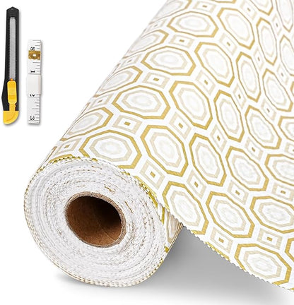 Drawer and Shelf Liner for Kitchen Cabinet,Non-Adhesive Cabinet Liner 24in x 30FT,Waterproof Shelf Paper Non-Slip Mats Cupboard Liners Contact Protect Dresser/Shelves/Table-Gold Octagonal