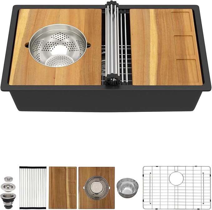 30 Inch Black Undermount Kitchen Sink-Granite Composite Single Bowl Workstation All-In One Classic Quartz Kitchen Sink with Mixing Bowl, Pasta Strainer and Cutting Board #TLGU-126