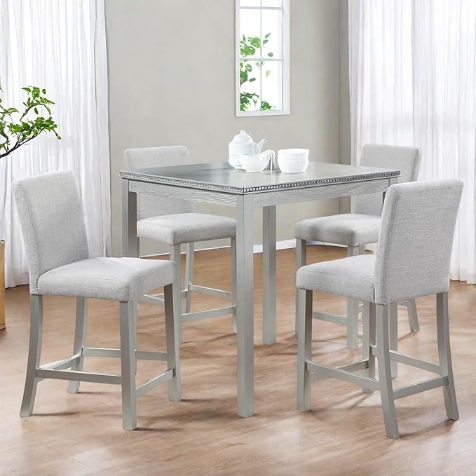 Dining Table Set for 4, 5-Piece Dining Room Table Set with Square Crystal Decoration Table & 4 Upholstered Backrest Chairs, Counter Height Kitchen Sets with Wood Grain & Footrest, Silver Gray