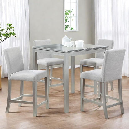 Dining Table Set for 4, 5-Piece Dining Room Table Set with Square Crystal Decoration Table & 4 Upholstered Backrest Chairs, Counter Height Kitchen Sets with Wood Grain & Footrest, Silver Gray