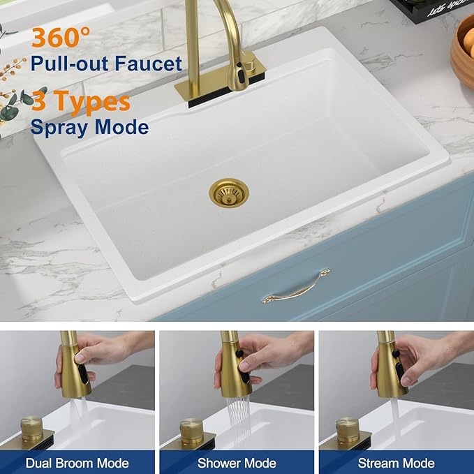 Sarlai Granite Composite Sink 33 Inch Drop In Waterfall Kitchen Sink Workstation Sink with Faucet White Quartz Classic Single Bowl Topmount Multifunction Sinks with Waterfall