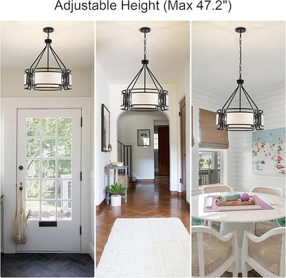 20'' Black Drum Chandeliers, 5Lights Black and White Drum Chandelier Modern Industrial Pendant Light Fixture, Adjustable Fabric Chandelier for Dining Room Kitchen Island Living Room Foyer E26