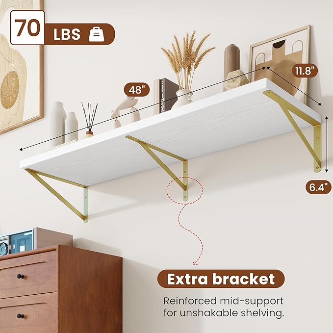Deep Wall Shelves 48"W x 12"D Engineered Wood Floating Shelves for Wall, Sturdy Metal Bracket(Gold) Bookshelves Home Decor Storage for Living Room Bedroom Bathroom Kitchen, Set of 2, White Finish