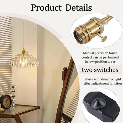 Plug in Pendant -11.8'Light Hanging Lights with in Cord Mid Century Modern Gold Hanging Lamp Flower Glass Amber Vintage Dimmable Chandelier Ceiling Fixture for Living Room,Kitchen, (CT)
