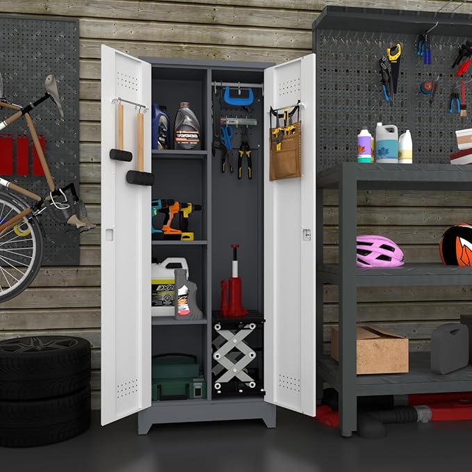 IRONFFICE Locking Cabinet,Metal Garage Storage Cabinets with 2 Doors,Garage Tool Storage Cabinets with 3 Adjustable Shelves,Lockable Storage Cabinet for Basement,Home Office,Grey-White