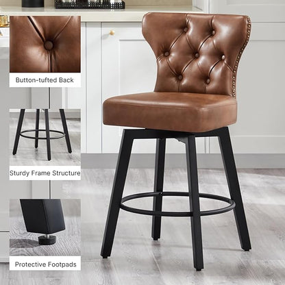 KISLOT Counter Height Barstools 26 inch Upholstered Button Tufted Swivel Bar Stools with Back for Kitchen Island,Set of 2,Brown PU Leather