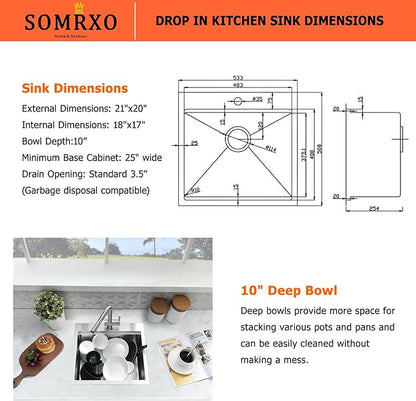 21x20 Inch Drop In Bar Sink - 16 Gauge Stainless Steel Small Kitchen Sink, 10" Deep Single Bowl Workstation Sinks with Accessories for RV, Outdoor Kitchen & Wet Bar