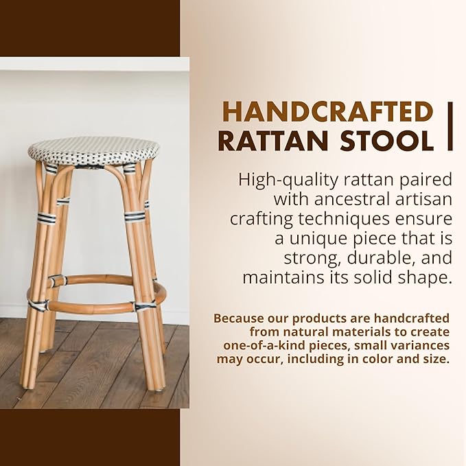 KOUBOO Bistro Backless Counter Stool, Handmade, Rattan, Kitchen Island Seating, Kitchen Stool, Boho Decor, White & Navy