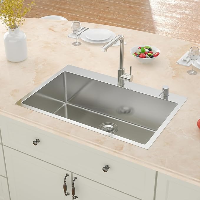 33x22 Drop In Kitchen Sink - 33 Inch Stainless Steel Sinks Topmount 18 Gauge 304 Single Bowl Kitchen Sink 9" Deep Basin with Drain Assembly