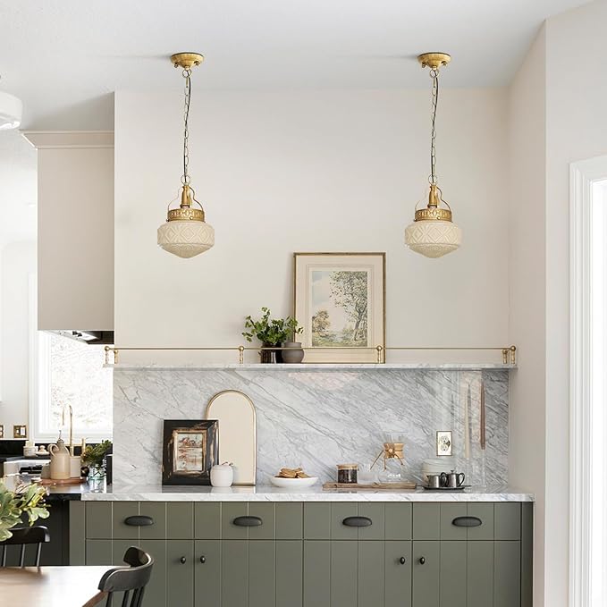 KCO Lighting Yellow Glass Pendant Light Fixture Vintage Brass Pendant Lights Kitchen Island Modern Gold Pendant Lighting Mid Century Globe Hanging Light with Chain