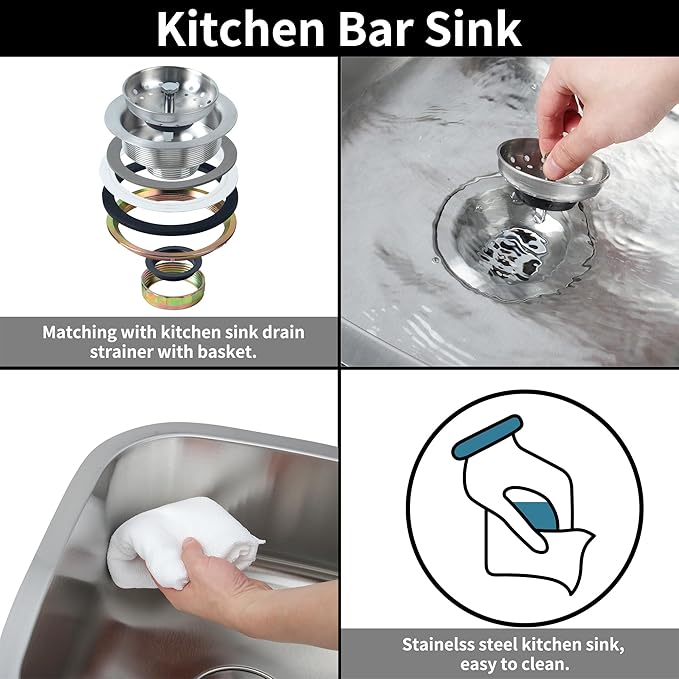 Bar Sink,17.83” x 15.94”Undermount Kitchen Sink, T-304S Stainless Steel RV Kitchen Sinks, Small Kitchen Sinks With Sink Drain Strainer, Use at Rv, Bar,Outdoor, Laundry and Utility,Bathroom