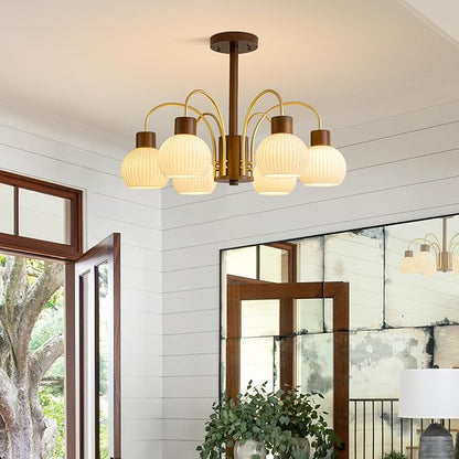 KCO Lighting 6-Lights Ribbed Milk Glass Chandelier Farmhouse Rustic Walnut Wood Chandelier Lighting Frosted White Globe Pendant Light Mid Century Modern Gold Semi Flush Mount Ceiling Light