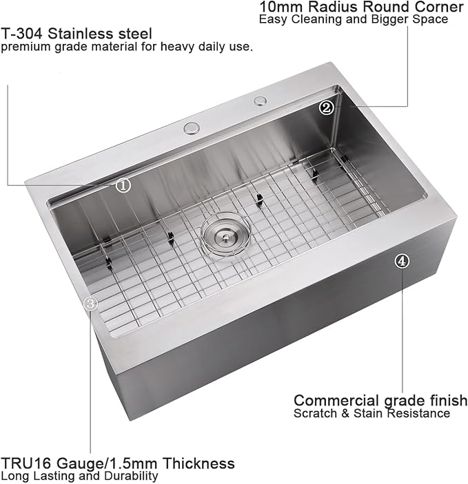 33 Inch Farmhouse Drop In Kitchen Sink Workstation - 33X22 inch Apron Front Kitchen Sink Workstation Single Bowl 16 Gauge Stainless Steel Farm Sink