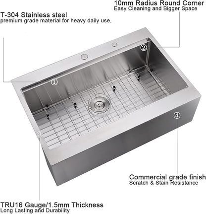 33 Inch Farmhouse Drop In Kitchen Sink Workstation - 33X22 inch Apron Front Kitchen Sink Workstation Single Bowl 16 Gauge Stainless Steel Farm Sink
