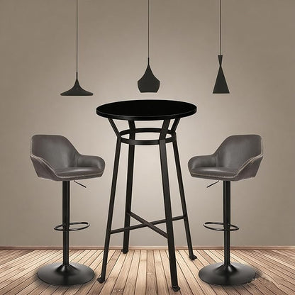 Glitzhome Bar Table and Chairs Set, Round Black Steel Pub Table with Soild Elm Wood Top and Bar Height Adjustable Swivel PU Leather Bar Stool for Breakfast Nook Living Room Small Space Restaurant