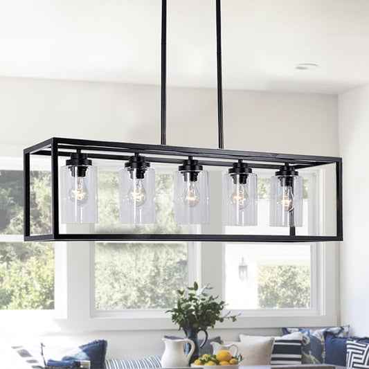 Black Rectangle Kitchen Island Lights Rectangular Modern Industrial Chandelier for Dining Room 5 Lights Linear Vintage Cage Light Fixtures