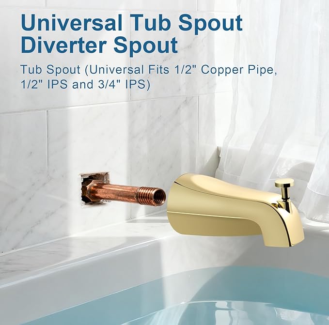 Universal Gold Tub Spout for 1/2" Copper Pipe, 1/2" IPS and 3/4" IPS, Bathtub Faucet with Diverter and Adapter and Hex Wrench (Polished Gold)