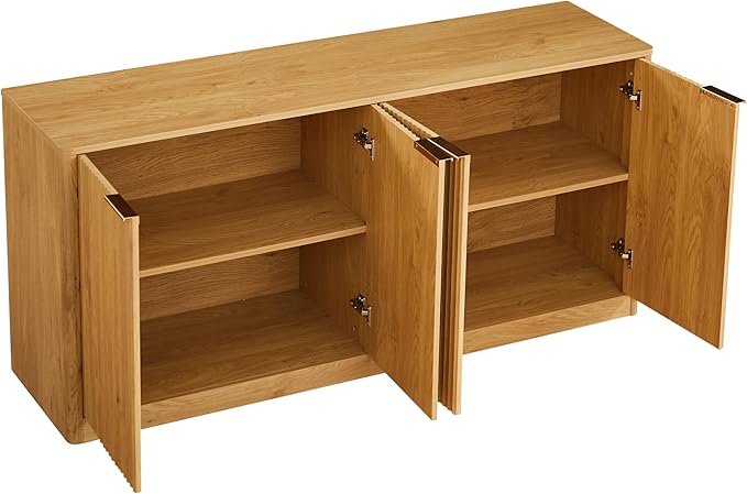 Ball & Cast 59" Modern Fluted Sideboard Buffet Cabinet with Storage,Curved Design Kitchen Coffee Bar Cabinet with 4 Doors & Shelves,Wood Credenza Cabinets Media Console for Living Room,Natural